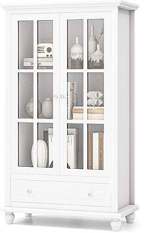 KOMFOTTEU Bibliothèque à 2 Portes avec 2 Étagères Réglables, Vitrine avec Tiroir, 4 Pieds en Pin, Armoire de Rangement avec Dispositif Anti-basculement, 80 x 40 x 139 cm, Blanc