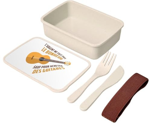 Lunch Box Lunchbox mit Besteck, Weiß – Gitarre – L'argent ne fait pas le bonheur musique – 700 ml