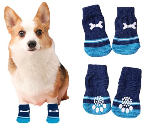 Suxgumoe Hundesocken, 4 Stück Baumwoll Anti Rutsch Welpen Katzen Socken, Hundeschuhe Haustierpfoten Schutz für drinnen,draußen (klein, Blaustein)