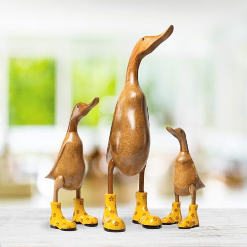 DomDeco Handgefertigte Deko-Figur Ente mit gelb geblümten Stiefeln aus Holz, ca 35cm