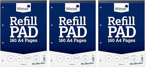 Silvine 160 Page A4 Refill Pad, Head Bound and Punched 4 Holes. Ruled 5mm Squares. Ref A4RPX, White (Pack of 3)