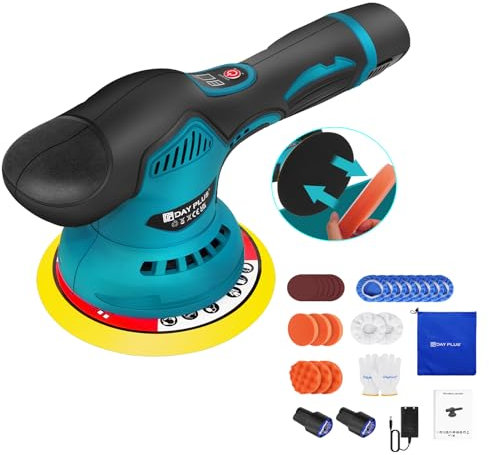 Mini poliermaschine, 12mm Exzenter Akku Poliermaschine mit 2PCS 2.0Ah Akku, 2800-5500 RPM Kabellos Poliermaschine Set 8 Variable Geschwindigkeiten, fur Auto, Möbeln