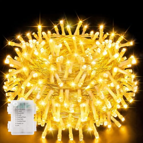 XIYUNTE 200 LED String Lights Battery Powered, 10M/33ft 8 Modes Bright Warm White Fairy Lights String Light for Christmas Decor, Outdoor Waterproof Led Fairy Lights for Garden Dccorations