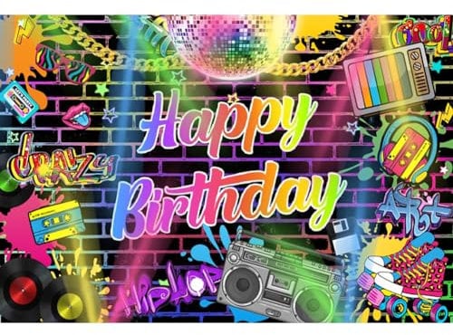 MIRRORANG 4,2 x 3 m Happy Birthday Hintergrund Discos Thema Bunte Graffiti Ziegelwand Neon Radio Hip Hop Stil Foto Hintergrund 70er 80er Jahre Geburtstag Party Dekor Banner Erwachsene Portrait Photo