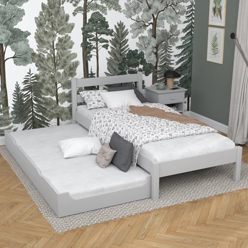 N-wood N01 Massivholzbett mit Schublade 120x200 cm, Doppelbettfunktion, Bett für Kinder, Jugendliche und Erwachsene, sichere abgerundete Kanten, Hochwertige und umweltfreundliche Lacke, Grau