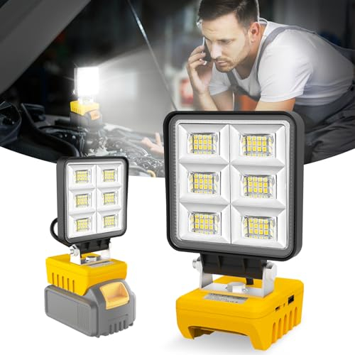 T-SUN Cordless LED Work Lights for Dewalt 18V/20V Battery, 48W 5200LM Flood Lights with Low Voltage Protection & USB-C Charging, Job Site Lighting for Emergency Workshop Garage (No Battery)