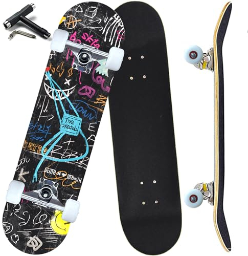ANYFUN Pro Skateboards für Anfänger, Mädchen, Jungen, Kinder, Jugendliche, Erwachsene, 78,7 x 20,3 cm, 7 Schichten, kanadischer Ahorn, Doppel-Kick-Deck, konkaves Longboard (Graffiti)