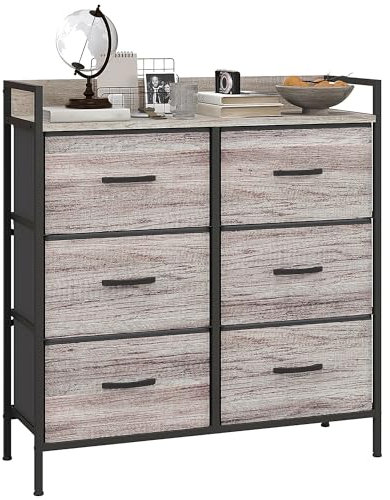 HOMCOM Bedroom Chest of Drawers, Fabric Dresser with 6 Drawers, Storage Organiser Unit with Open Shelf and Metal Frame for Living Room, Entryway, Grey Wood Effect