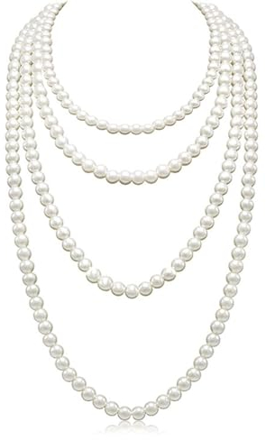 Ormromra Imitation Perlen Kette, weiß 150 cm Kostüm Accessoires Lange Perle Halskette, Dame Weiße Elegante Modische Kette für Party Abschlussball Hochzeit Festival