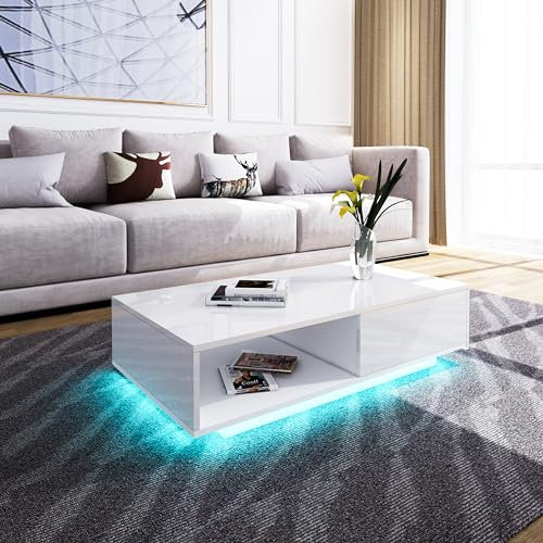 Coffee Table with Storage Centre Table 1 Open Unit 1 Drawer High Gloss LED Rectangle Tea Table Side Table End Table for Living Room Home Office Furniture (White with 2.5m LED)