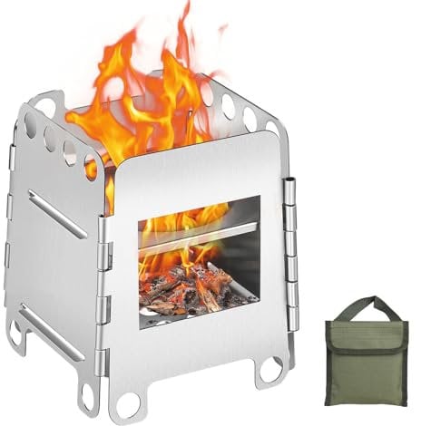 SWAWIS Stufa da Campeggio Pieghevole, Mini Stufa a Legna da Campeggio con Sacca di Conservazione, per Picnic BBQ Cucina Campeggio all'Aperto(8.7x10.7x7.8cm)