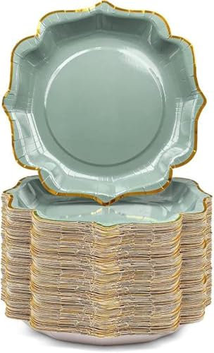 Confezione da 100 Piatti di Carta Verde Salvia Con Foglia d'Oro - 23 cm, Usa e Getta, Robusti per Feste, Decorativi per Compleanno, Baby Shower, Matrimonio