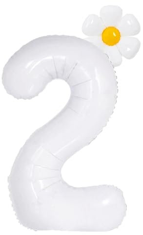 Zahlen Luftballon 2 mit Gänseblümchen,XXL Gänseblümchen Folienballon Zahl 2,Zahlenballon 2 Helium Ballon Weiß,Luftballon 2. Geburtstag für 2 Jahre Mädchen Geburtstagsdeko,Babyparty,Jubiläum Party Deko
