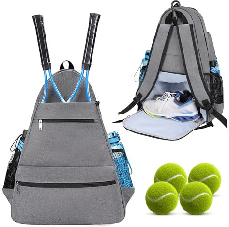 Tennistasche herren, Tennisrucksack mit Schuhfach, Groß badminton tasche Unisex, Hält Tennisschläger, Pickleballschläger, Badmintonschläger, Squashschläger, Bälle, Schuh und anderes Zubehör (grau)