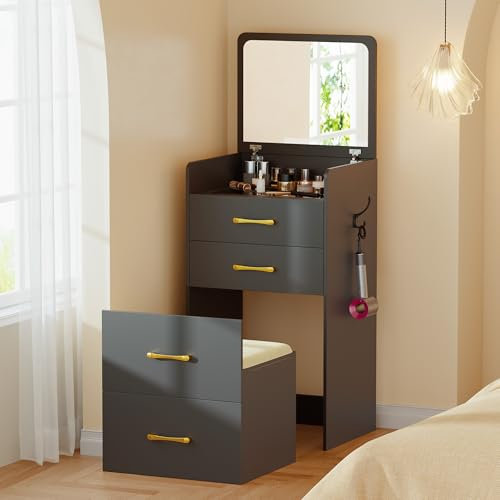 Gurexl 3 in 1 Dressing Table with Plip Top Mirror,Small Make Up Vanity Set with Visible Glass Desktop,Compact Makeup Vanity with 3 Drawers,Cushioned Tool,Vanity Desk,Dressing Table for Bedroom,Black