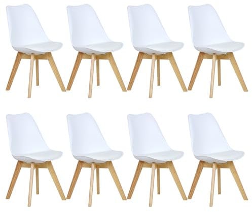 WOLTU Esszimmerstühle 8er Set, Skandinavische Küchenstühle Retro Design, Sitzfläche aus Kunstleder, mit Massivholz Beinen, bis 150 kg belastbar, Weiß