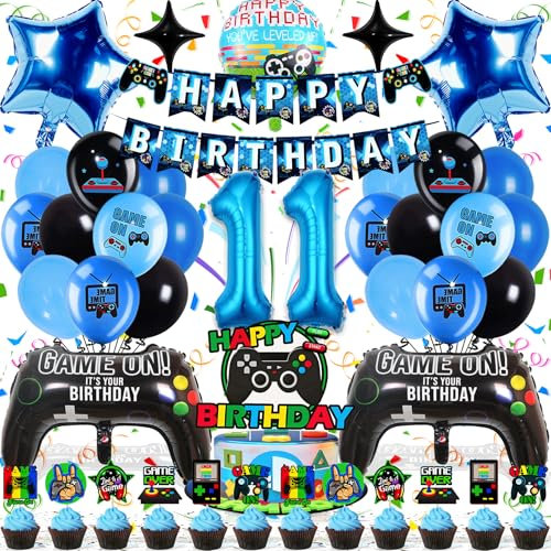 Zaztytoy Videospiel Geburtstag Deko 11 Jahre für Jungen - 44-Teilige Geburtstagsparty Ballon Set in Blau und Schwarz, Hochwertig & Umweltfreundlich, Einfach zu Montieren