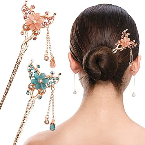 Palillos para el pelo con diseño de flores y mariposas, horquillas para el pelo largo y grueso, adorno chino Hanfu, adorno decorativo para el pelo, accesorios para el cabello de geisha japonesa para
