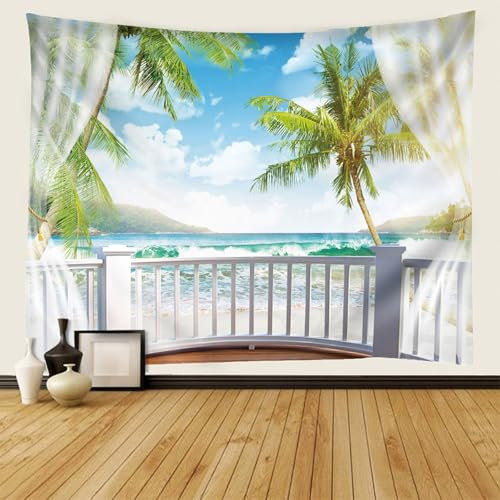 AMDXD Tapisserie Wandbehang Weiß Grün Blau, Natur Landschaft Wandteppich Balkon Meer Kokosnusspalmen Wandteppiche Polyester Wanddekoration für Schlafzimmer Wohnzimmer, 200x200cm