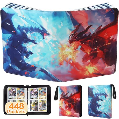 Card Binder 4-Pockets, 448 Cards Holder with 56 Removable Sleeves, 3-Ring Zipper Sports Book Compatible with TCG, MTG and Game Cards, Trading Card Collector Album, Gifts for Boys and Girls