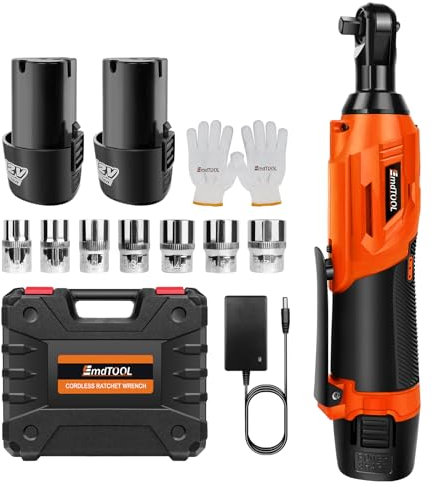 Huini 12V Cordless Ratchet Wrench, 3/8 Electric Ratchet Wrench Kit 40N.m, 0-300 RPM,Impact Drive Ratchet Rattle Nut Gun with 2 x Lithium-Ion 1.5Ah Battery and Fast Charge,7 PCS Sockets,Orange/Black