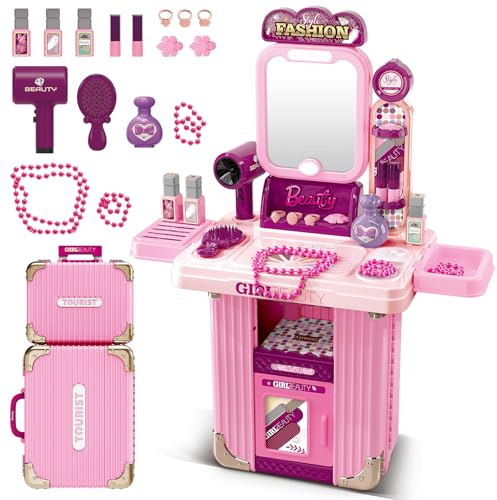 deAO Kinder Schminktisch für Mädchen, 2 in 1 Kinderschminktisch Spielzeug | Tragbarer Schminktisch Spielset mit Musik & Licht, 18 Stück Princess Schönheitsstudio Kinderschminke Friseur Set ab 3 Jahren