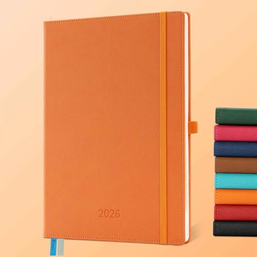 IN-LUXPRO Kalender 2026: A4 Buchkalender 29x21,7cm Terminplaner 1 Woche 2 Seiten 2026 Wochenplaner Notizbuch,12-Monate(Jan.- Dez.) mit 100GSM Papier & Stiftschlaufe PU-Leder Orange Farbe