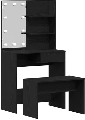 vidaXL Schminktisch Set Schwarz Eichen-Optik 74.5 x 40 x 141 cm, Moderne Schminktisch, rechteckiger Make-up-Tisch, LED-Spiegel, praktischer Stauraum, Elegantes Möbel für Schlafzimmer
