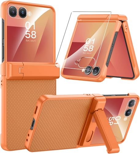 Miimall Handy Hülle für Samsung Z Flip 7 Slim Case für Panzerglas mit Ständer & Scharnierschutz, rutschfest Griff Bumper Bruchsicher Harte Ultra Dünn Schutzhülle für Galaxy ZFlip7 5G Cover Orange