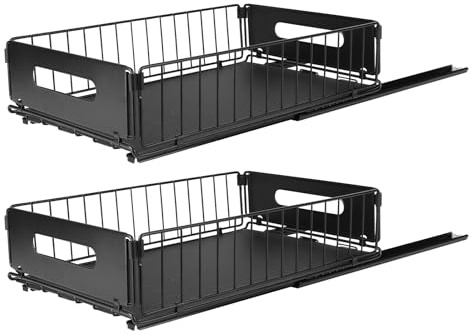Rangement Sous évier à 2 Niveaux,Organiseur de Cuisine, Étagère sous Évier, Porte-épices,Panier de Rangement Coulissant en métal,pour Cuisine, Salle de Bain,Chambre (Noir - 38 x 25 x 10 cm (2 pc))
