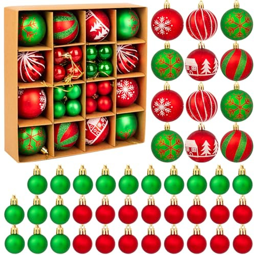 44pcs Red and Green Christmas Baubles Christmas Tree Decorations Set, Xmas Baubles Ornaments Hanging Balls Pendants Decor Xmas Tree Decorations for Home Office School Holiday Decor Crafting