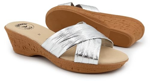JOMIX Mules de Mujer Cómodos Sandalias Plateadas de Cuña Baja para Caminar Chanclas Elegantes con Diseño de Tiras Entrelazadas Plateado Brillante 39