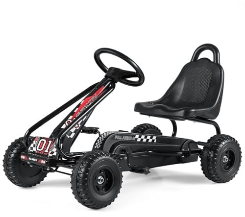 COSTWAY Gokart mit verstellbarem Sitz, Go Kart mit Handbremse, Tretauto bis 30 kg belastbar, Pedal Go Cart, Tretfahrzeug, Pedalfahrzeug, Kinderfahrzeug für Kinder ab 3 Jahren (Schwarz)