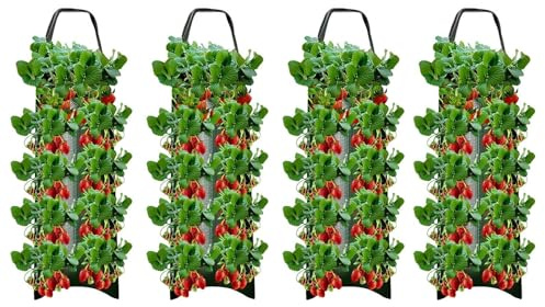 Lizeboyi 4 Sacs De Culture Suspendus pour Fraises, Pot À Tomates Inversé, Sac À Planter avec 8 Trous pour Jardin Potager Légumes