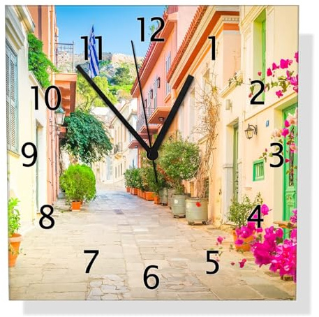 Wallario Design-Wanduhr Mediterrane Straße im Blütenrausch aus Glas, Motiv-Uhr Größe 30 x 30 cm, Schwarze Zeiger
