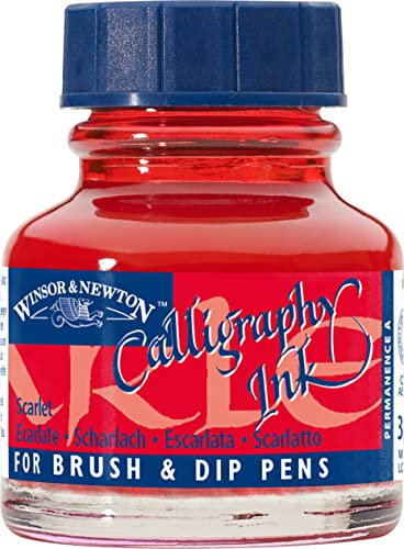 Winsor & Newton 1111601 Kalligraphie Tuschen (für Füllfederhalter oder Schreibfedern, untereinander mischbar, lichtecht, beständige Farbe) 30 ml Flasche scharlachrot