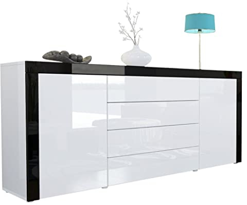 Vladon Sideboard Kommode La Paz, Made in Germany, Korpus in Weiß Hochglanz/Front in Weiß Hochglanz mit Rahmen in Schwarz Hochglanz