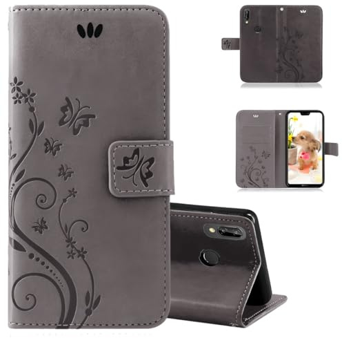 betterfon Hülle Kompatibel mit Huawei P20 Lite | Premium PU Leder Handyhülle Wallet Case für P20 Lite | Schutzhülle Blumen Klapphülle Handyhülle | Grau