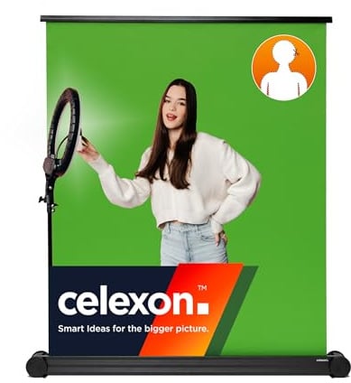 celexon écran Vert Mobile Pull-Up Chroma-Key 90 | 150x180 cm 5:6 | Fond Photo-vidéo pour visioconférences, contenus Tiktok et Streams Gaming | Support Enroulable léger avec mécanisme à Ciseaux