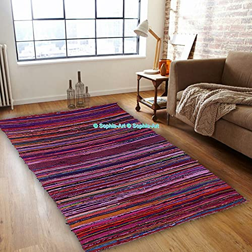 Indischer Bohemianischer handgefertigter Wendeteppich mit geflochtenem Bereich dekorativer Chindi Flickenteppich, Heimdekoration, Läufer, Baumwolle, Yogamatte, 183 x 9 cm, Baumwolle, Rose, 3.5ft X6ft