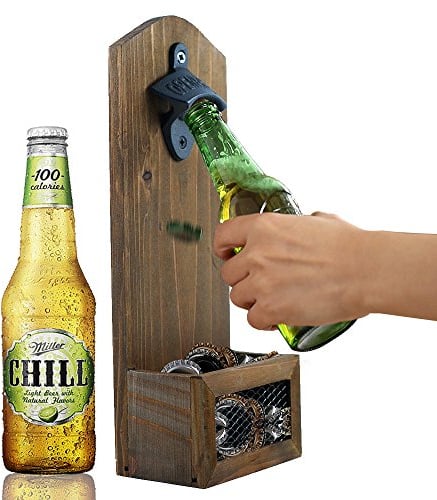 AHDECOR Vintage Wall Mounted Wooden Bottle Openers with Cap Catcher for Bar Party Kitchen Decoration, for Men and Beer Lovers, 12 x 7 x 30cm