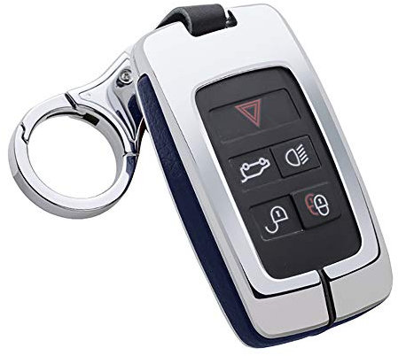 ontto Car Key Cover Leather Alloy Key Fob Cover Holder Protector Compatible with Land Rover fit for Range Rover Sport Evoque Velar Discovery 5 2018 2019 Remote Car Key Case Keyring Silver Blue B