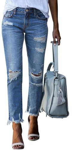 Sidefeel Women's Distressed Raw Hem Boyfriend Jeans Ripped Straight Leg Denim Pants Sky Blue Size 16