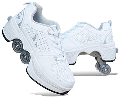 HUOQILIN Rollschuhe Unisexe Skates 2-in-1 Multifunktions Inliner 4-Rad Verstellbare Roller Skates,Verstecktes Rad Ice Skate,Einstellbare Rollschuhe Für Skaten,Laufen,White-38