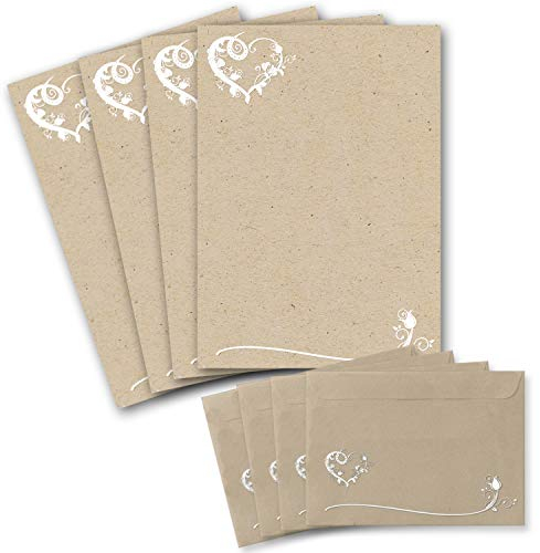 50 Briefbogen-Sets DIN A4 - Briefpapier in Kraftpapier-Look mit blumigem Herz-Ornament - mit passenden Briefumschlägen DIN C6 in taupe Briefpapier bedruckbar ideal für Hochzeitseinladungen