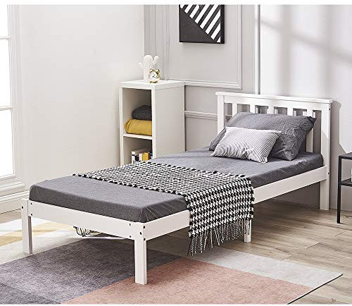 Panana Single bed in White, Wooden Bed Frame with headboard, Solid Wood 3ft Bed Frame, 90x190cm (All white)