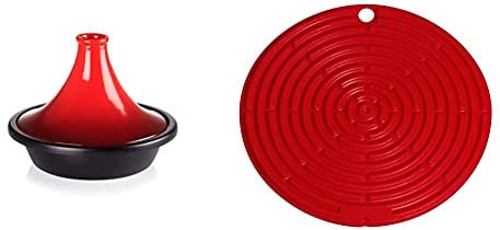 LE CREUSET Tagine with Cast Iron Base and Stoneware Funnel Lid, For All Hob Types, 27cm base, 2.3 Litre, Cerise, 251382706 & Silicone Cool Tool, Surface Protector, Pot Holder,Jar Opener,20.5 cm,Cerise
