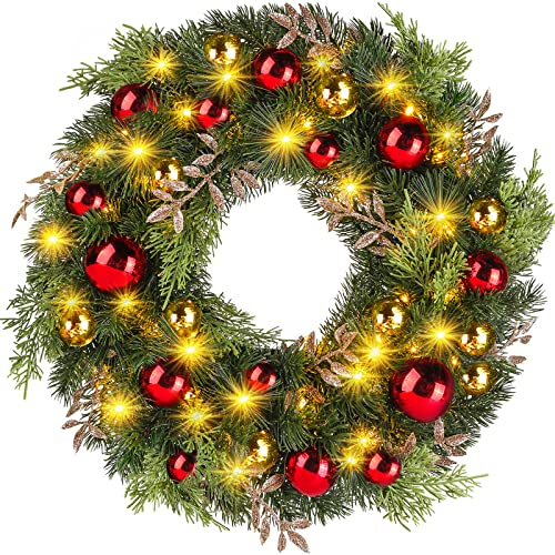 Ulinek Couronne de Noël Porte Artificielle, LED Guirlande de Noël Minuterie à Piles Décoration Pin Epicéa Intérieur Extérieur Sapin Couronne Lumineuse Décor Porte Mural Vitre Fenêtre pour Noël