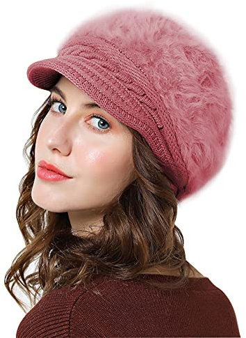 Lachi Ladies Winter Hat Beret Winter Hat for Women Knit Beanie Cabbie Cap Visor Warm Skullcap Knitted Ladies Cloche Pink