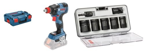 Bosch Professional Ingletadora telescópica a batería, Azul, Solo + Set de 7 suplementos de llave de vaso Impact Control - SW13; SW17; SW19; SW21; SW24; 40 mm; 2 Adapter (pack de 7)